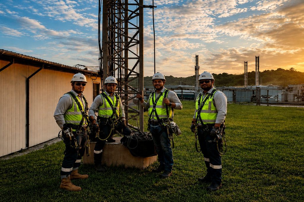 Personal técnico en trabajos de mantenimiento de infraestructura LTE en Pluspetrol Malvinas