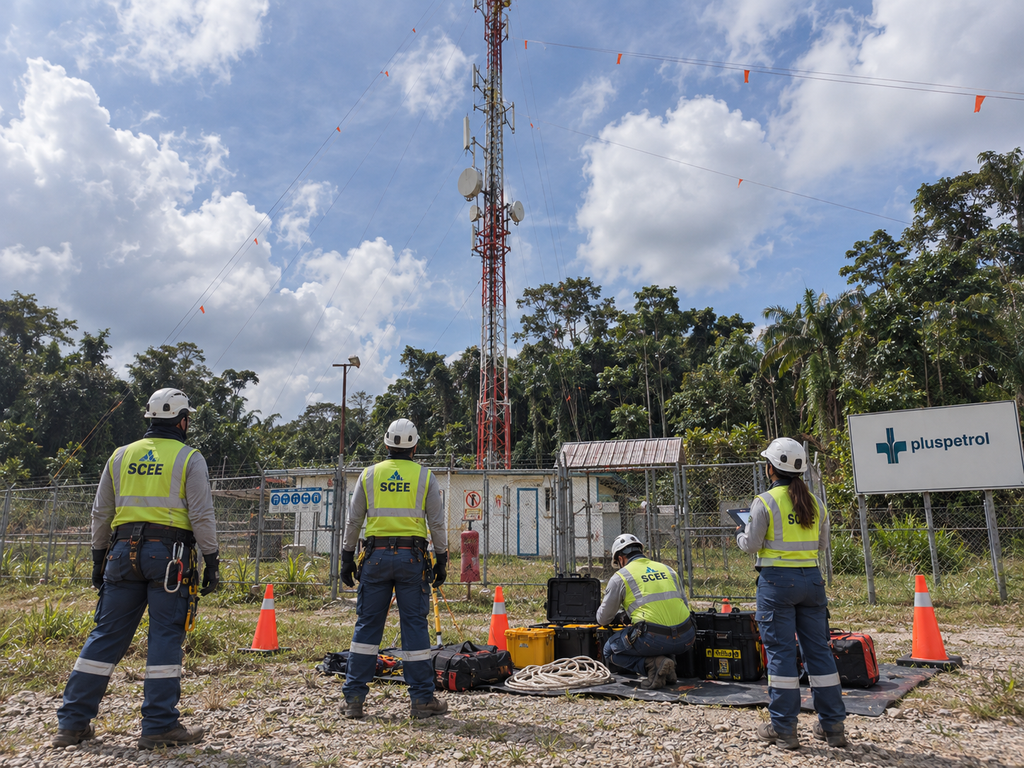 Equipo SCEE durante mantenimiento de telecomunicaciones en instalaciones de Pluspetrol